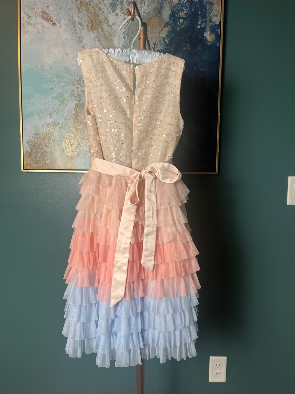 Badgley Mischka Girls Ombre Pink Tiered Tulle Party Dress with Sequin Bodice - Picture 5 of 8